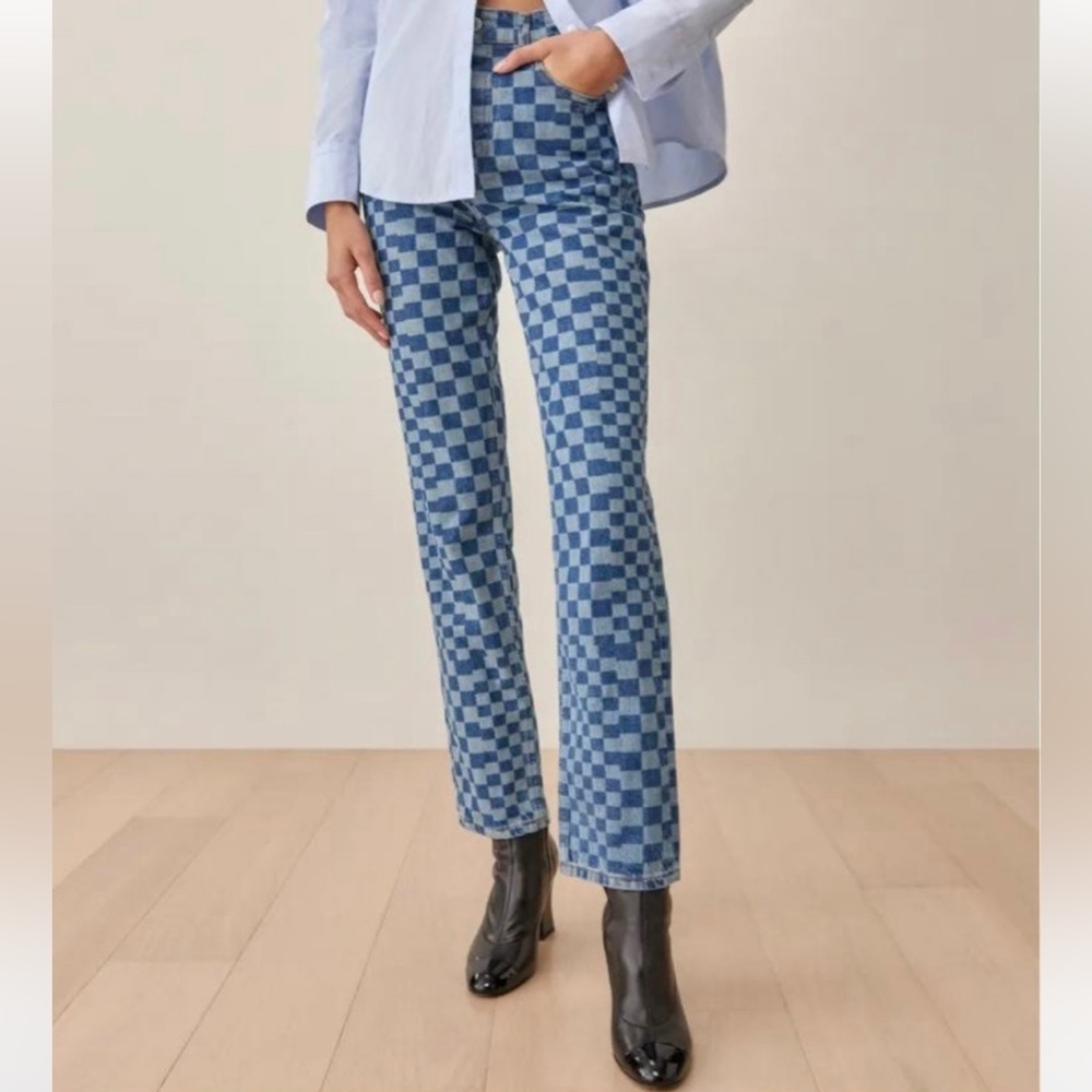 Reformation cynthia checkerboard high rise straight jeans